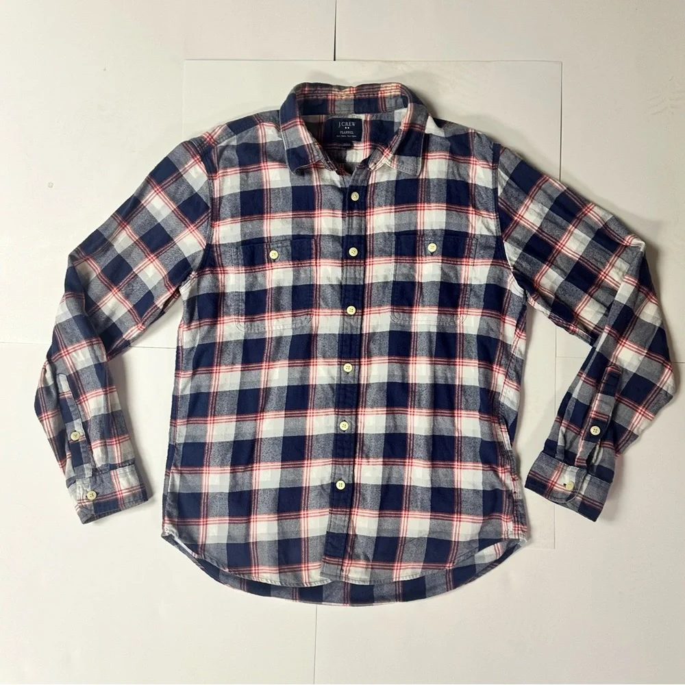 J. Crew Men's Navy and Red Plaid Button Down Flannel Shirt, L